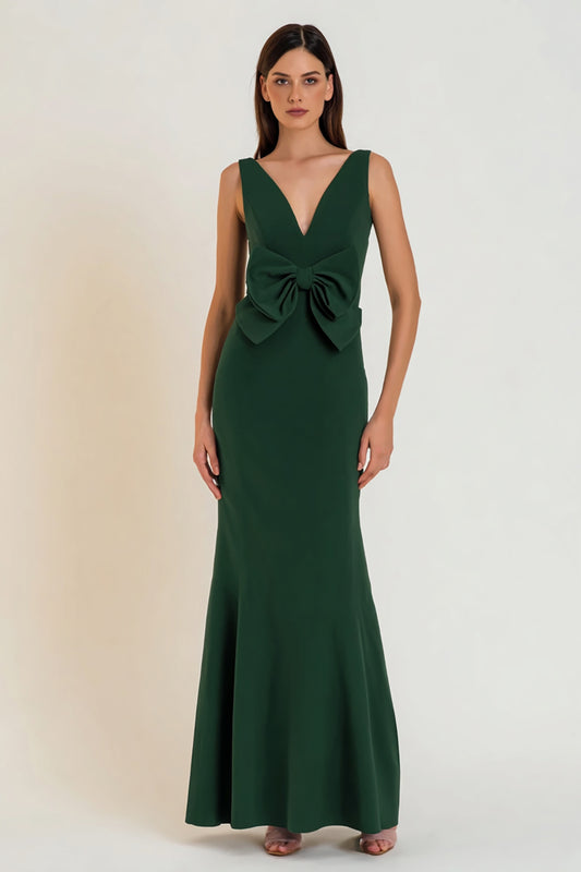 Dark Green Mermaid V-Neck Long Formal Dress with Bow