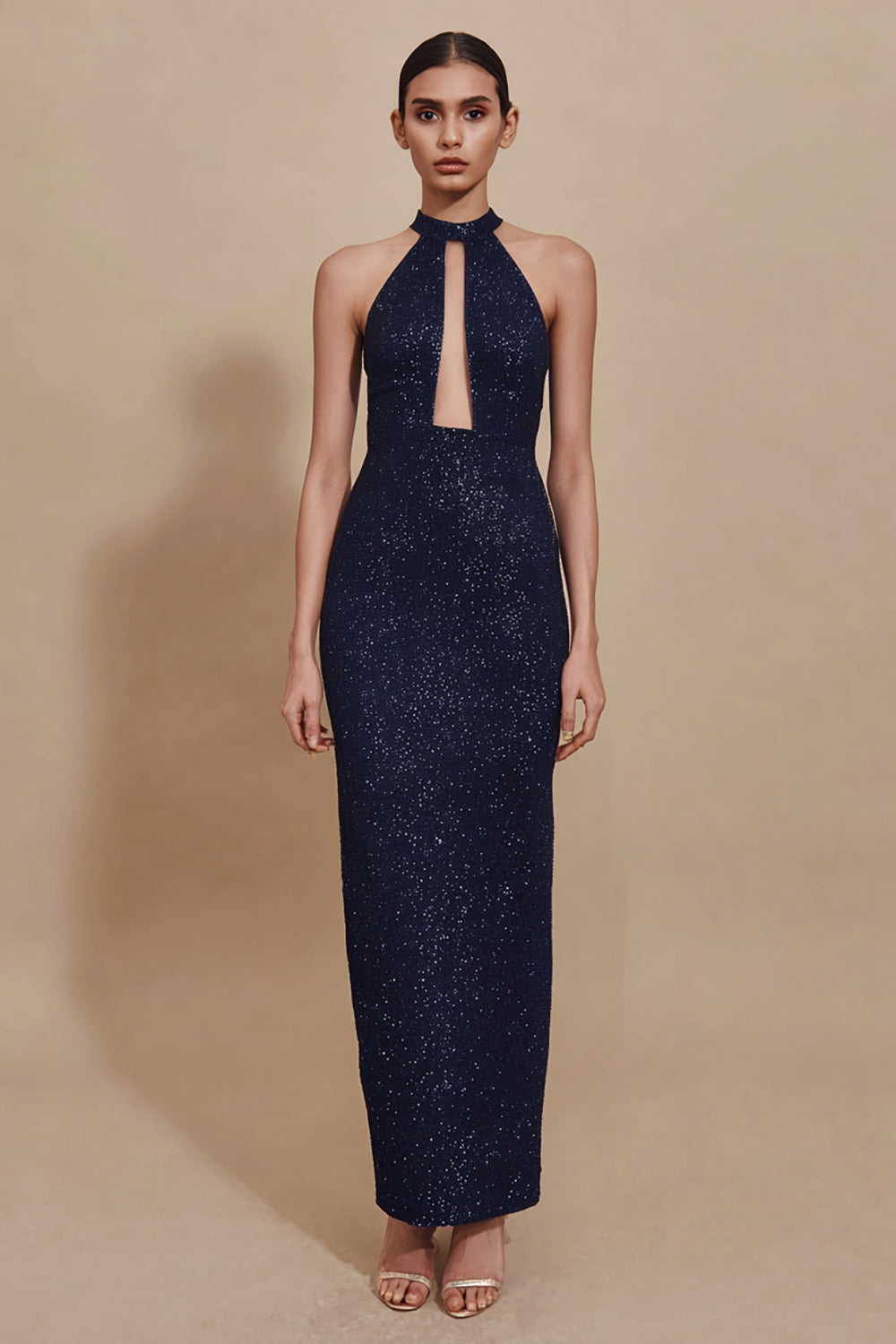 Sparky Navy Sequin Sheath Long Formal Dress with Keyhole