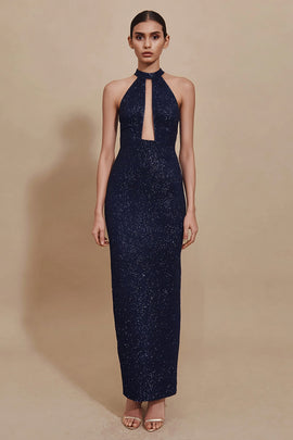 Sparky Navy Sequin Sheath Long Formal Dress with Keyhole