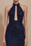 Sparky Navy Sequin Sheath Long Formal Dress with Keyhole