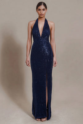 Sparky Navy Sequin Halter Neck Sheath Long Formal Dress with Slit