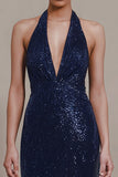Sparky Navy Sequin Halter Neck Sheath Long Formal Dress with Slit