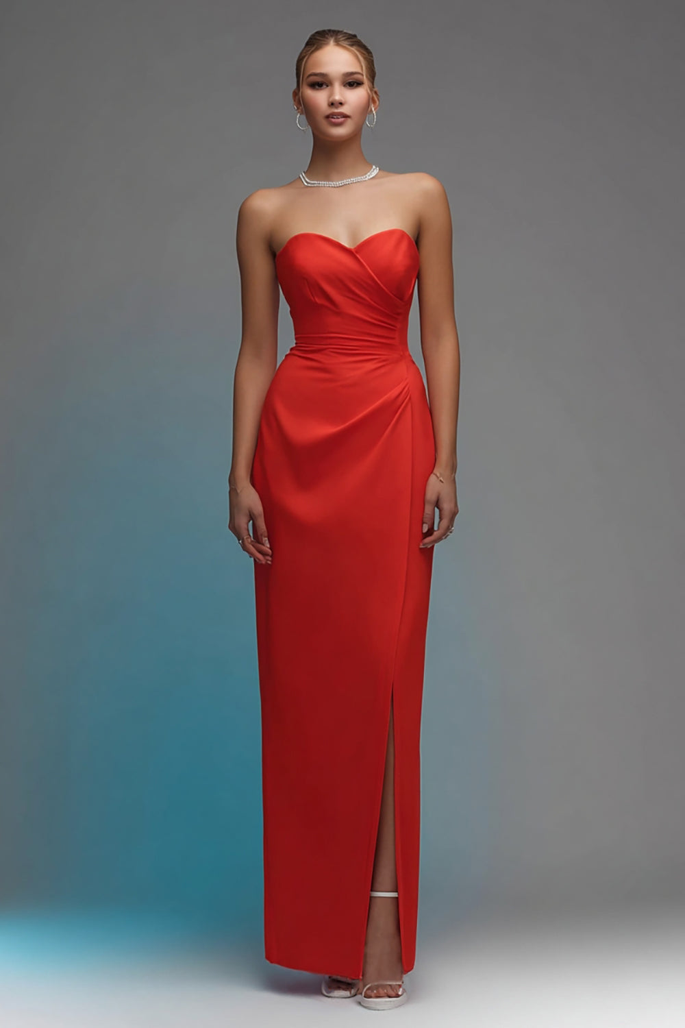 Red Sweetheart Sheath Ruched Long Formal Dress with Slit