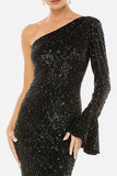 Sparkly Black One Shoulder Sequin Long Formal Dress with Sleeves