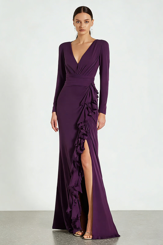 Plum Satin V-Neck Ruffled Long Sleeves Formal Dress with Slit