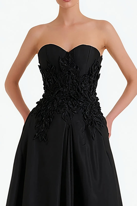 Floral Black Satin Sweetheart Long Formal Dress with Slit