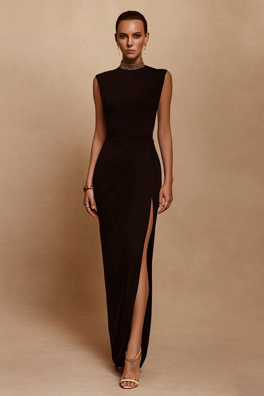 Sparkly Black Satin Sheath Long Formal Dress with Slit