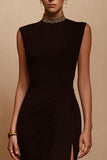 Sparkly Black Satin Sheath Long Formal Dress with Slit