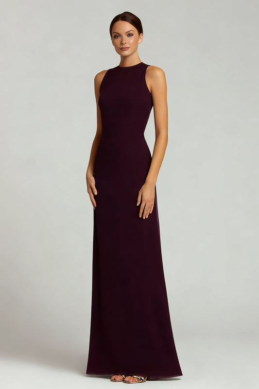 Burgundy Satin Crew Neck Sheath Long Formal Dress