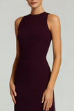 Burgundy Satin Crew Neck Sheath Long Formal Dress