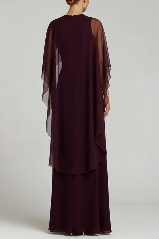 Burgundy Chiffon Crew Neck Sheath Long Formal Dress with Cape