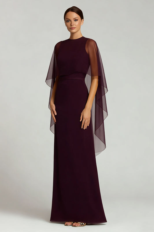 Burgundy Chiffon Crew Neck Sheath Long Formal Dress with Cape