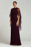 Burgundy Chiffon Crew Neck Sheath Long Formal Dress with Cape