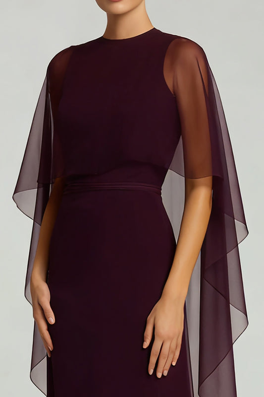 Burgundy Chiffon Crew Neck Sheath Long Formal Dress with Cape