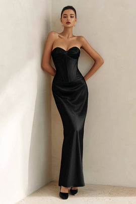 Black Satin Mermaid Sweetheart Long Corset Formal Dress