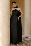 Black Satin Neck Scarf A Line Long Formal Dress