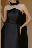 Black Satin Neck Scarf A Line Long Formal Dress