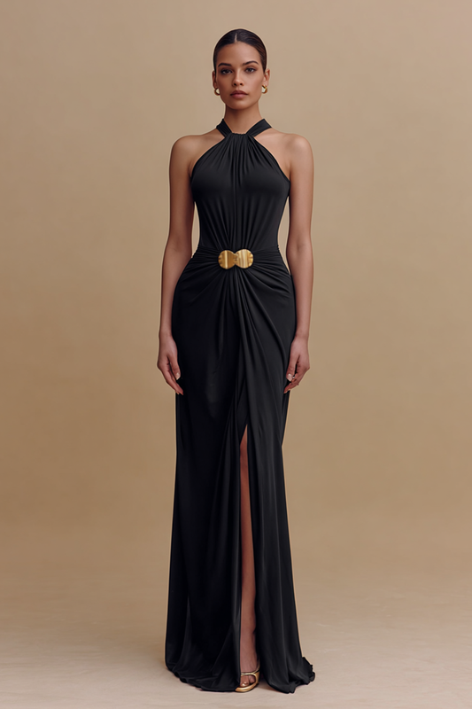 Black Satin Halter Neck Ruched Sheath Long Formal Dress with Slit