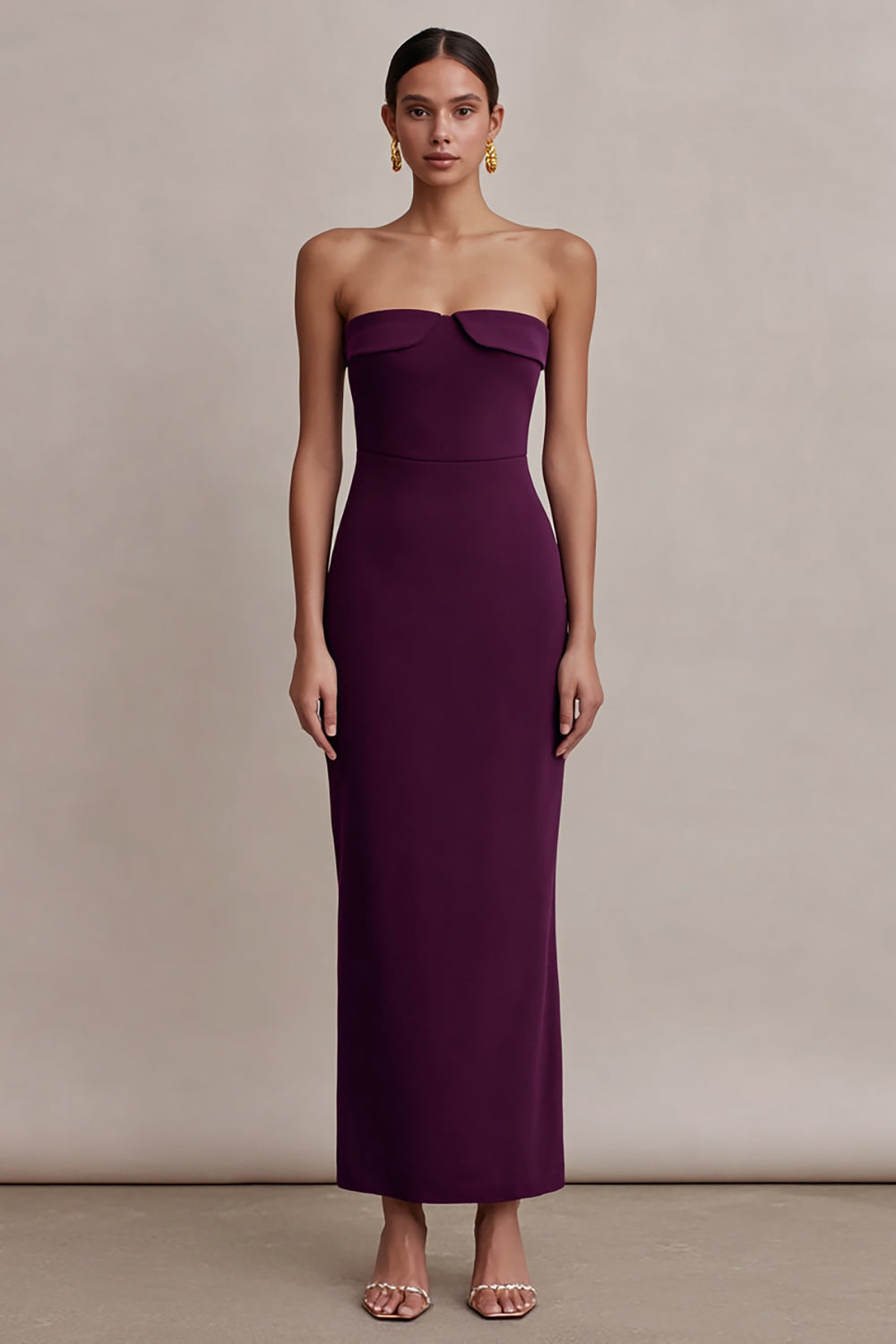 Plum Strapless Sheath Satin Long Formal Dress