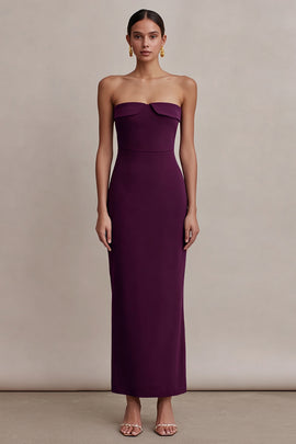 Plum Strapless Sheath Satin Long Formal Dress