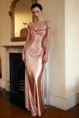 Champagne Sheath Satin Cold Shoulder Long Formal Dress