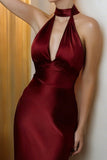 Burgundy Halter Neck Sheath Satin Long Formal Dress