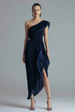 Black and Navy One Shoulder Chiffon Asymmetrical Formal Dress