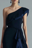 Black and Navy One Shoulder Chiffon Asymmetrical Formal Dress