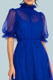 Royal Blue Tulle High Neck Asymmetrical Long Formal Dress with Sleeves