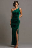 Dark Green Satin Mermaid One Shoulder Long Formal Dress with Slit