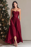 Burgundy Satin Strapless Asymmetrical Long Formal Dress
