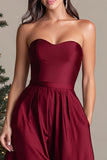 Burgundy Satin Strapless Asymmetrical Long Formal Dress