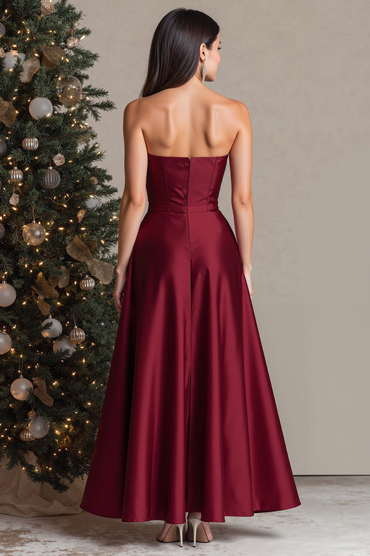 Burgundy Satin Strapless Asymmetrical Long Formal Dress