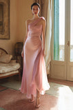 Pink Satin One Shoulder Sheath Long Formal Dress