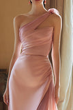Pink Satin One Shoulder Sheath Long Formal Dress