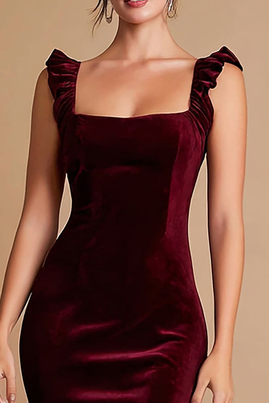 Burgundy Satin Mermaid Ruffled Midi Semi-Formal Dress