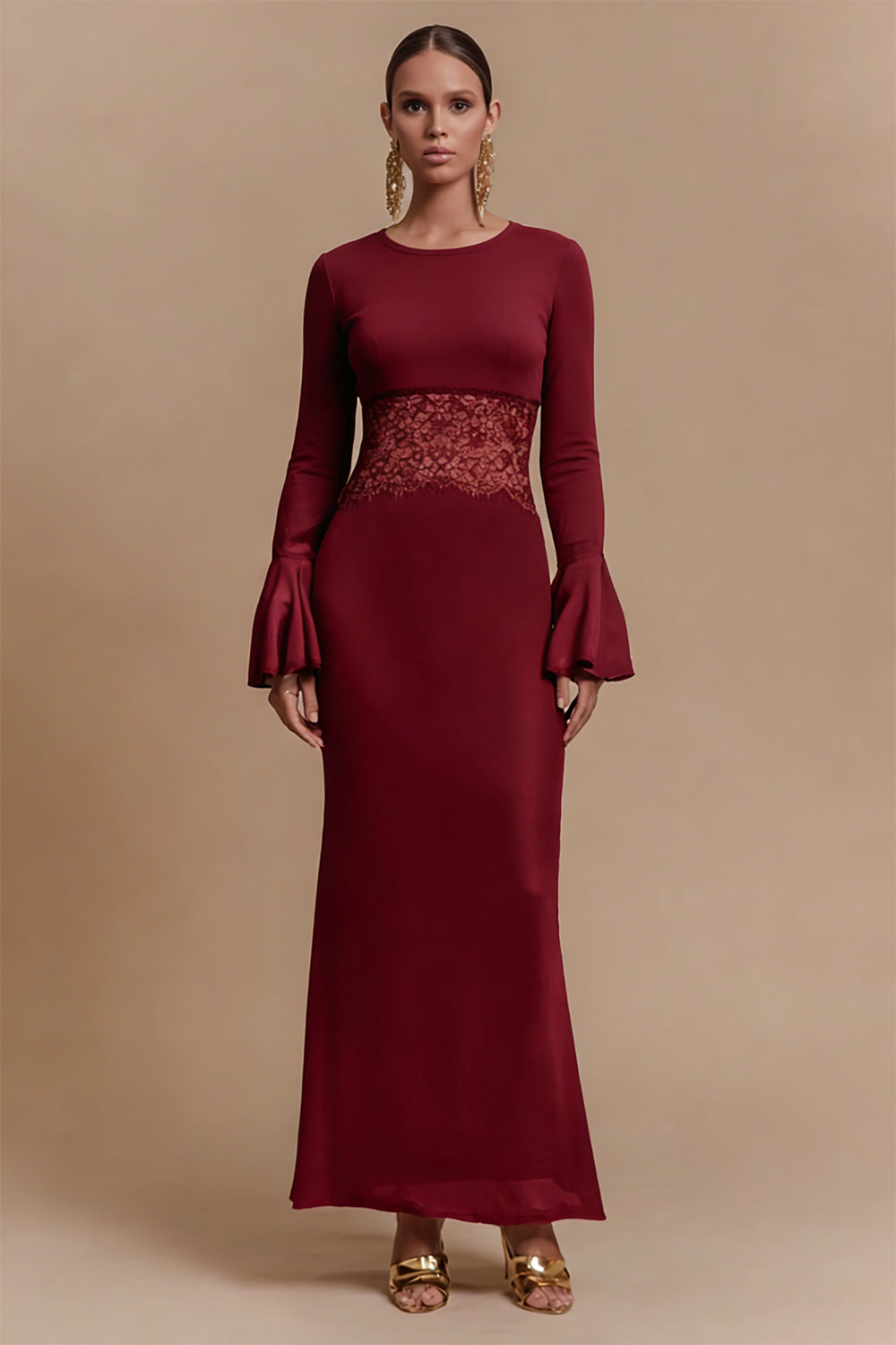 Burgundy Satin Jewel Neck Long Sleeves Formal Dress with Lace