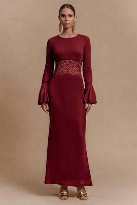 Burgundy Satin Jewel Neck Long Sleeves Formal Dress with Lace