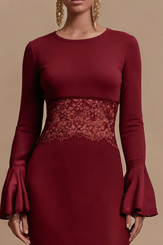 Burgundy Satin Jewel Neck Long Sleeves Formal Dress with Lace