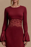 Burgundy Satin Jewel Neck Long Sleeves Formal Dress with Lace