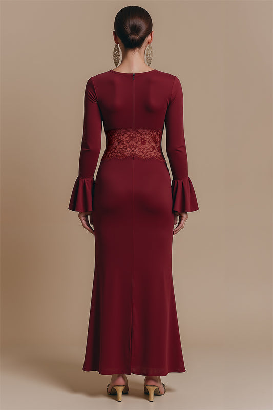 Burgundy Satin Jewel Neck Long Sleeves Formal Dress with Lace