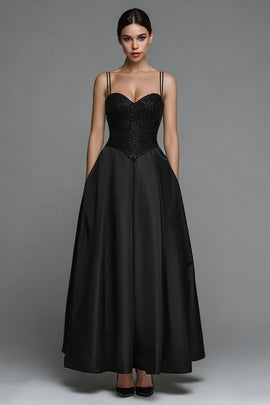 Sparkly Black Satin Spaghetti Straps Long Formal Dress with Sequins
