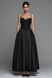 Sparkly Black Satin Spaghetti Straps Long Formal Dress with Sequins