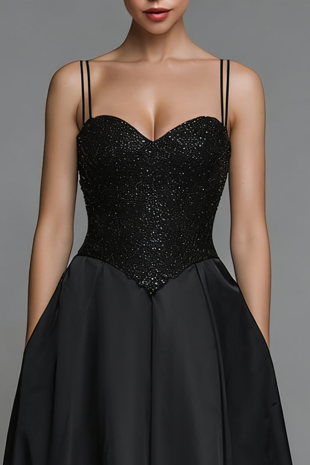 Sparkly Black Satin Spaghetti Straps Long Formal Dress with Sequins