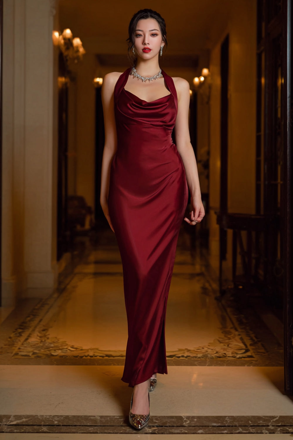 Dark Green Satin Halter Neck Sheath Long Formal Dress