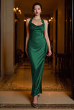 Dark Green Satin Halter Neck Sheath Long Formal Dress