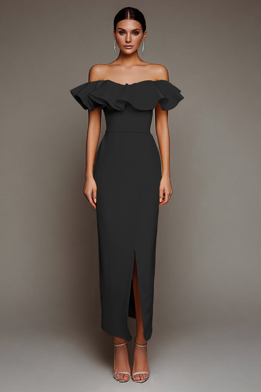 Black Off the Shoulder Satin Sheath Long Formal Dress with Slit