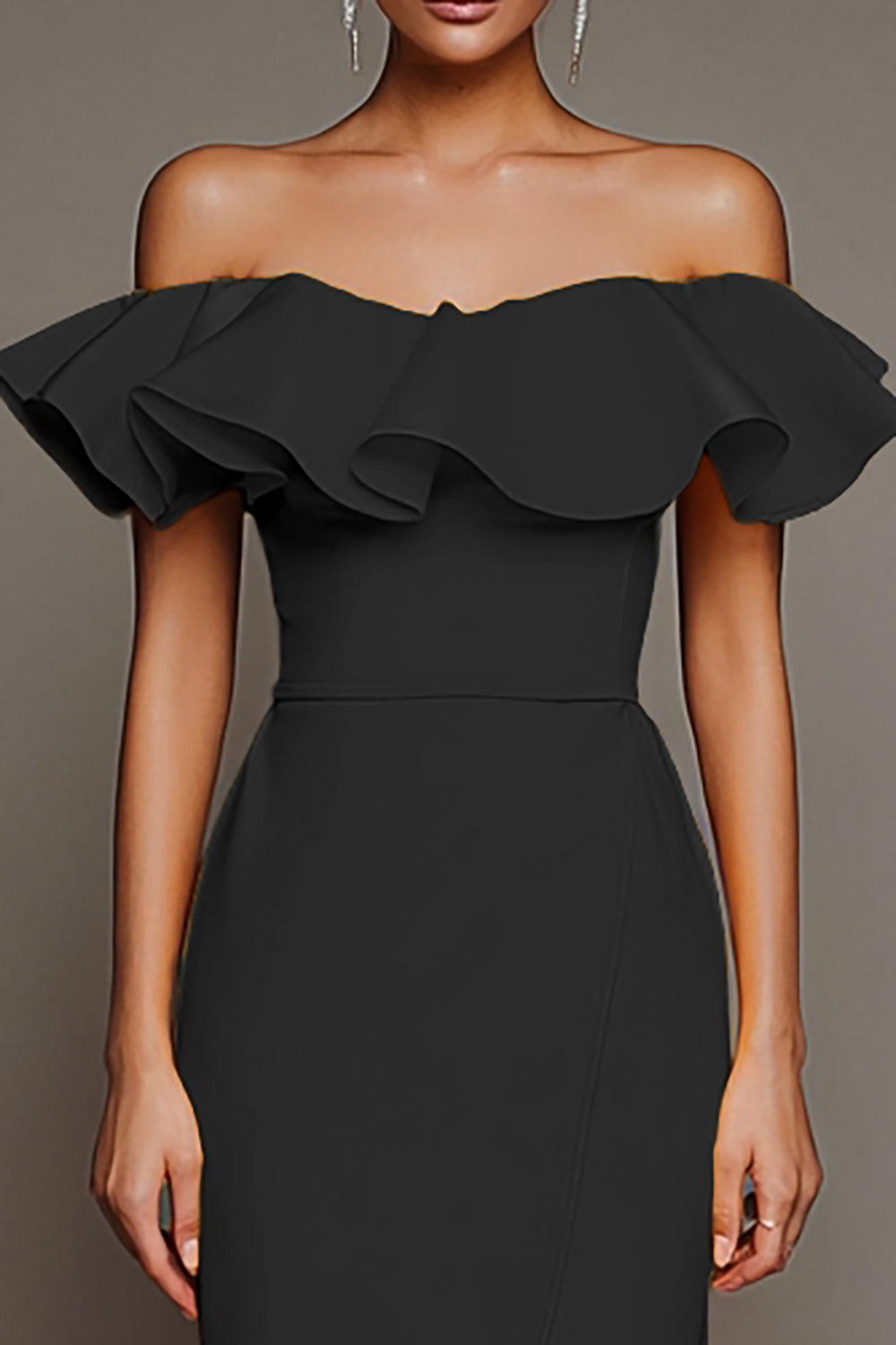 Black Off the Shoulder Satin Sheath Long Formal Dress with Slit