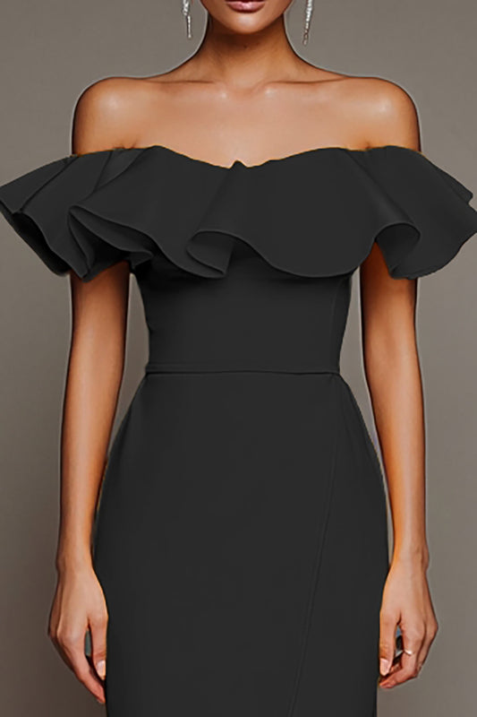 Black Off the Shoulder Satin Sheath Long Formal Dress with Slit