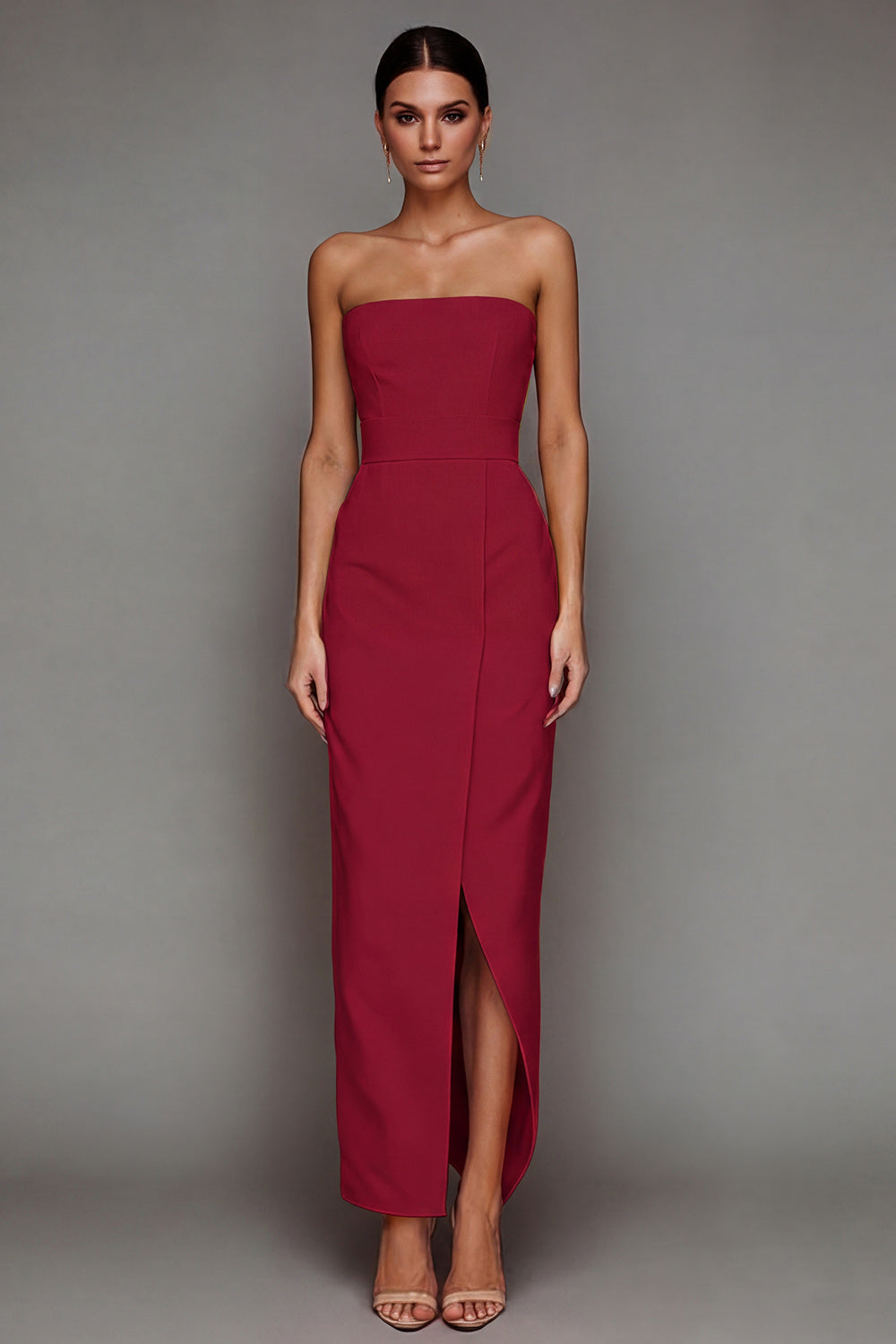 Yellow Satin Strapless Sheath Long Formal Dress with Slit